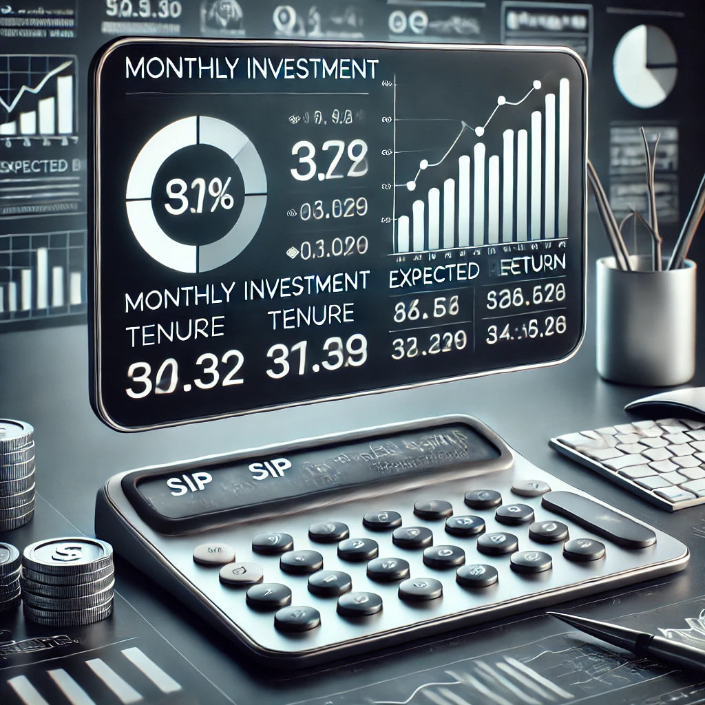 DALL·E 2024-12-02 11.19.14 – A sleek and modern visual representation of a SIP calculator. The image features a desktop screen displaying a financial calculator with clear input f