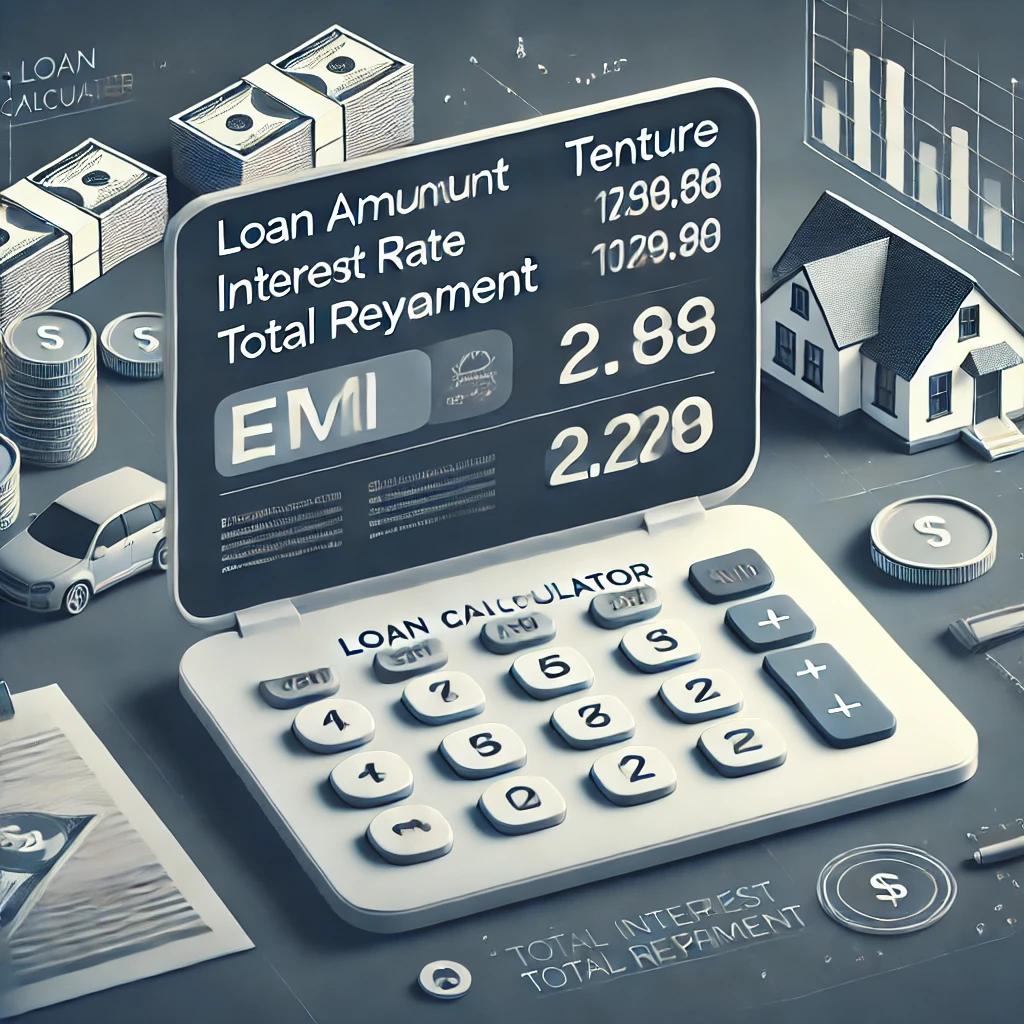 DALL·E 2024-12-02 11.19.20 – A professional and clean visual representation of a loan calculator interface. The image features a laptop screen displaying a loan calculator with fi